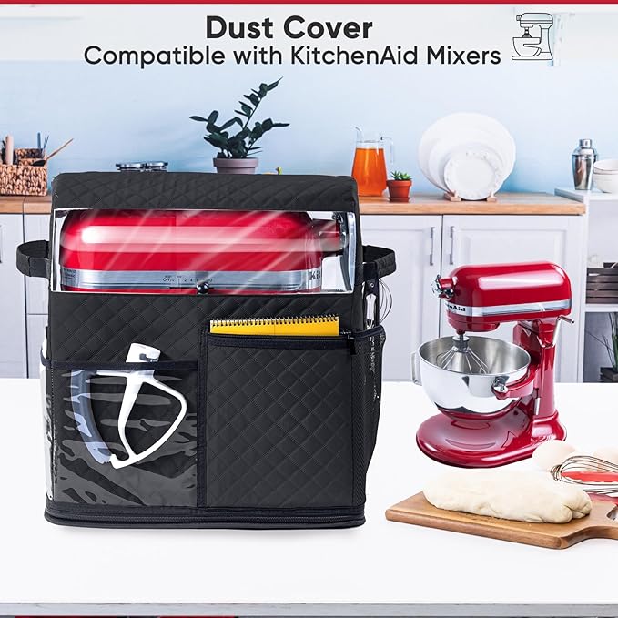 BAGSPRITE Stand Mixer Cover with Detachable Appliance Sliders Base Compatible with KitchenAid Mixer-Storage Bag for 4.5/5 Quart with Pockets for Kitchen Aid Accessories and Attachments