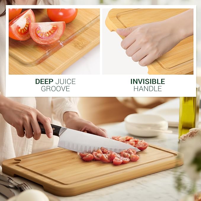 Bamboo Cutting Boards for Kitchen with Holder & Silicone Mat, Lightweight & Knife-Friendly Wood Cutting Board Set with Side Handles and Juice Grooves, Natural