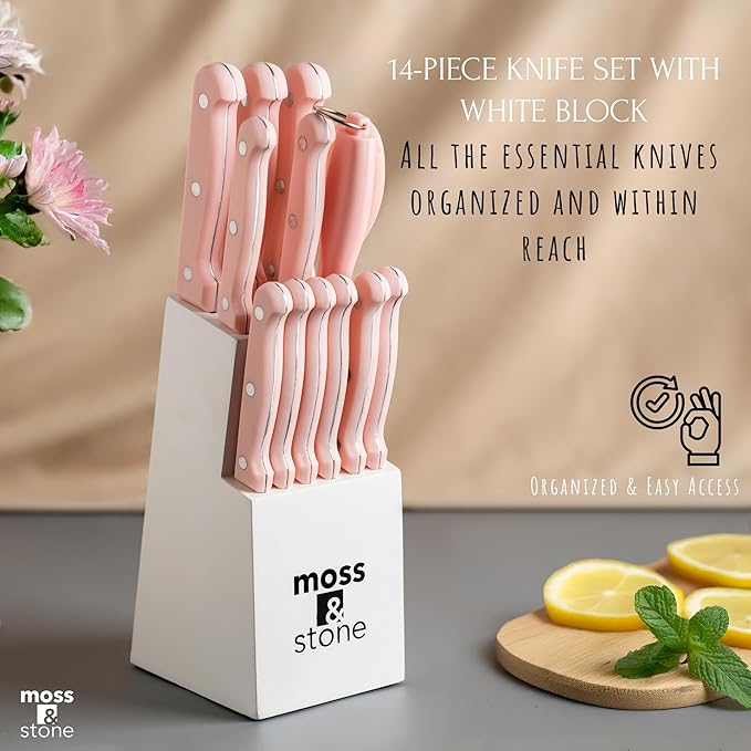 Moss & Stone Pink 14 Pcs Knife Block Set Stainless Steel, Premium Forged Kitchen Knives Set with High-Carbon Blades, Ergonomic Handle, Sharp Blade, Rust Resistant, Modern Style for Home & Chef