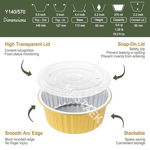 5.5" Round Aluminum Foil Containers with Lids (5 Pack) – Heavy Duty Disposable Foil Takeout Pans for Food Storage, Meal Prep, Soup, Leftovers & Catering, 19oz
