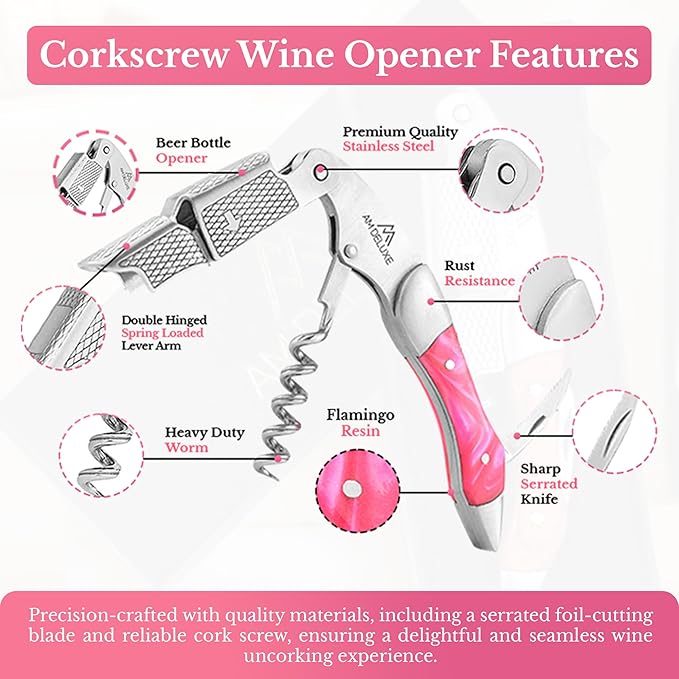 Waiters Corkscrew Wine Opener - Double-Hinged Fulcrum 3-In-1 Cork Screw Wine Bottle Opener Heavy Duty Stainless Steel & Resin Flamingo. Serrated Foil Cutter. Beer Opener. Magnetic Gift Box