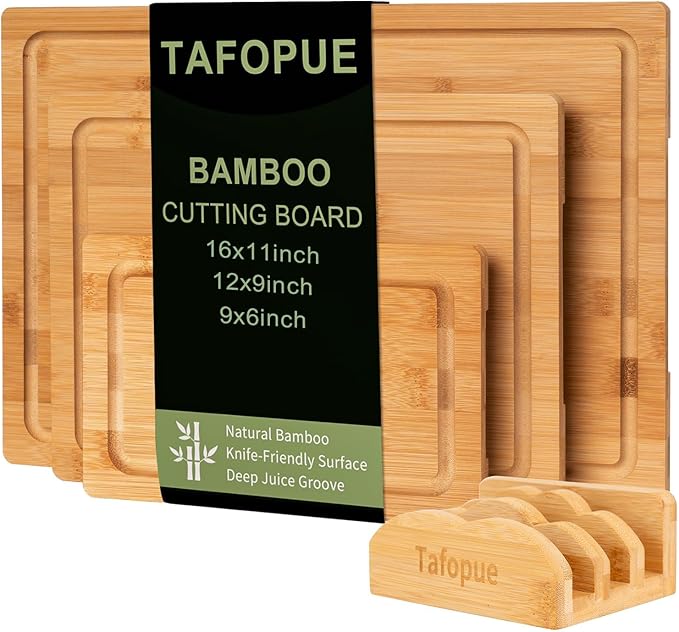 Bamboo Cutting Board Set of 3 with Stand, Wood Chopping Boards for Kitchen, Reversible Butcher Block with Juice Groove & Handle, Different Size Boards for Meat, Vegetables, Fruit, Charcuterie