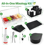 Bartending Supplies - 18" x 12" Bar Mat Garnish Tray with Lid Bar Caddy 3 Tier Bar Glass Rimmer, 2 Plastic Juice Pour Bottles 3 Mini Tongs 12 Classic Liquor Bottle Pourers 500 Cocktail Straws(Clear)