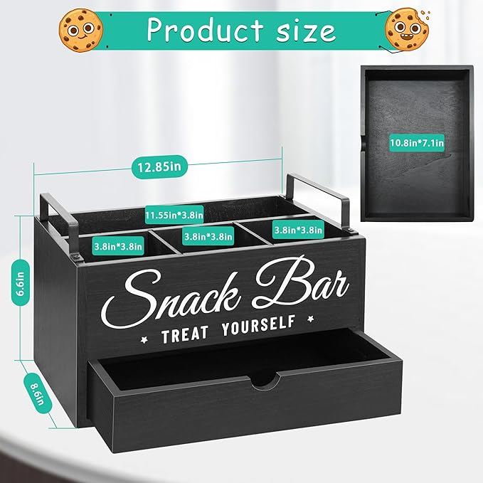 Snack Organizer for Countertop, Wood Pantry Storage Bins with Handles, Snack Bar Organizer for Kitchen, Office, 4 Compartment Food Container Snack Box with Drawer, Pantry Organizer for Chips, Candy