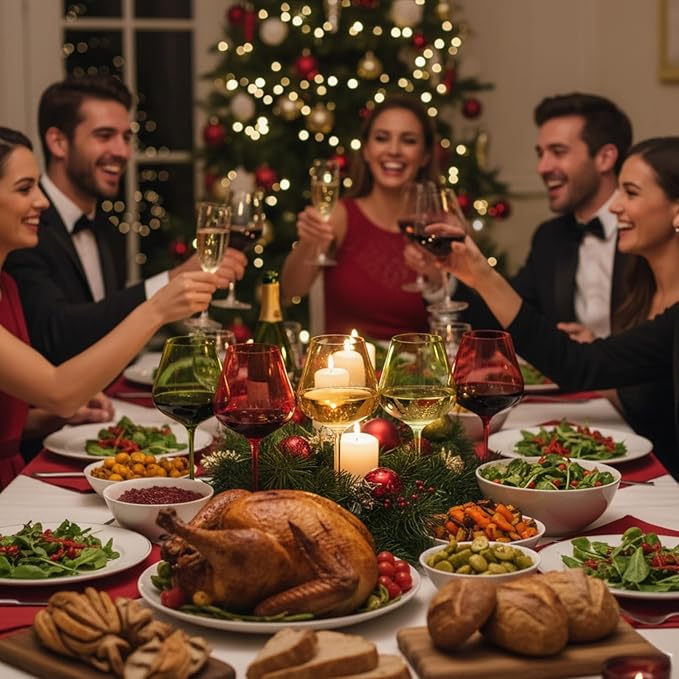 Khen Festive & Holiday Colored Wine Glasses Set of 5 In Luxurious Gift Box – 20oz Stemmed Goblets, Thanksgiving Dinner, Entertaining – Wedding Red, Green & Gold Glassware for Party Celebrations