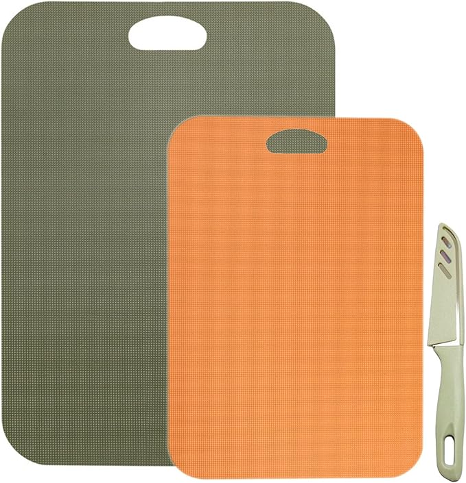 Plastic Cutting Boards Set of 3 for kitchen,Flexible Cutting Mats for Cooking, 100% Non-Slip Cutting Board for Fruit Meat and Vegatables, BPA-Free and Dishwasher Safe with knife (14 in Green/Orange)