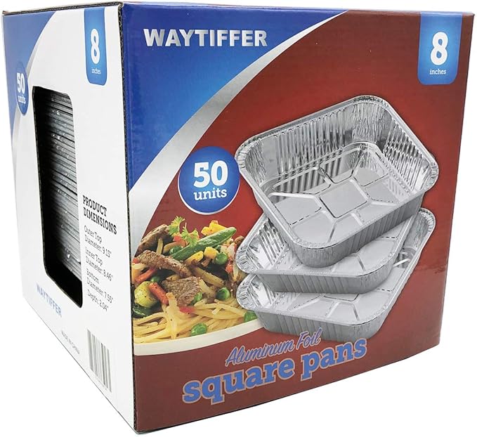 Waytiffer 50pack- 8 x 8 Aluminum foil Pans Disposable,Heavy Duty Square baking Cake Pans, Cooking Tins Homemade Breads Oven, Baking Roasting Pan