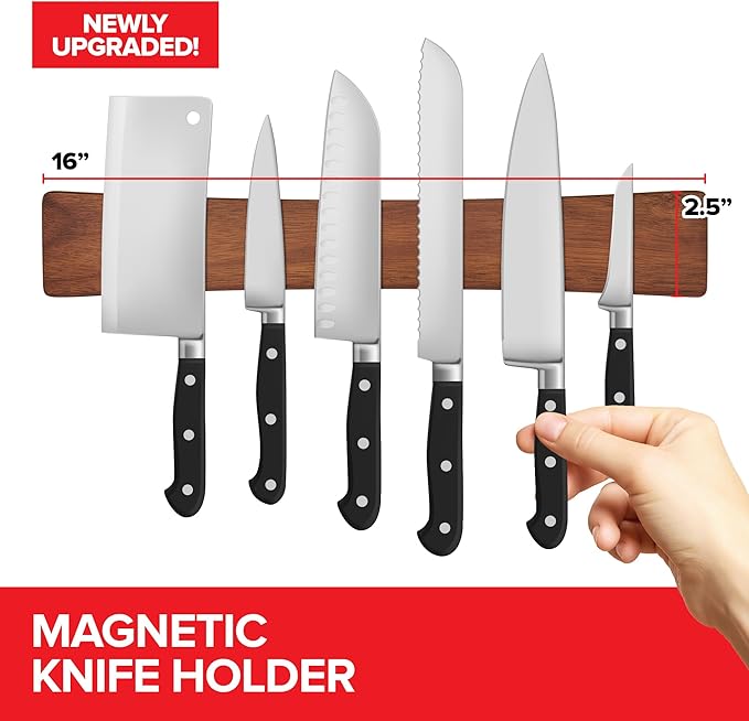 16 Inch Acacia Wood Magnetic Knife Holder with Multipurpose Use, Magnetic Knife Holders for Kitchen, Wooden Knife Rack, Magnet Strips for Knives & Metal Utensils, Tool Holder, Art Supply Organizer