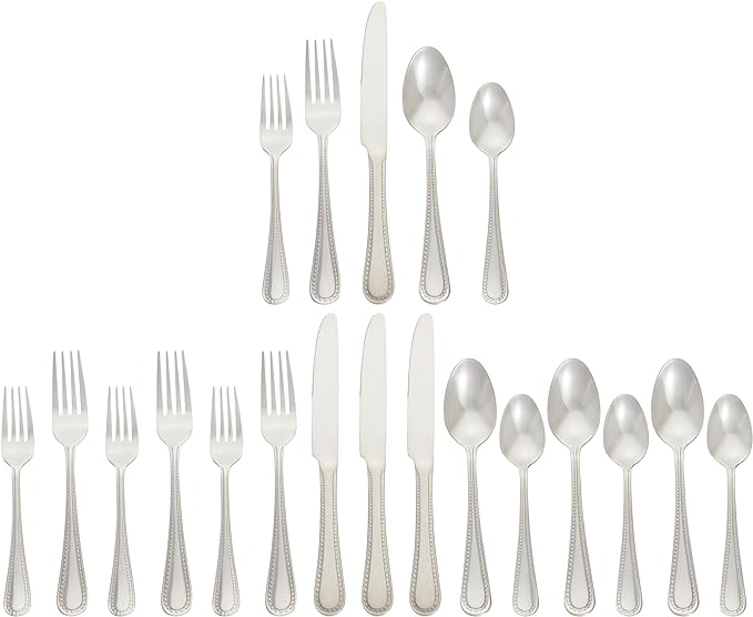 Amazon Basics Silverware Set, Stainless Steel Flatware, Dishwasher Safe, Easy to Clean, Service for 4, 20-Piece Forks and Spoons, Pearled Edge