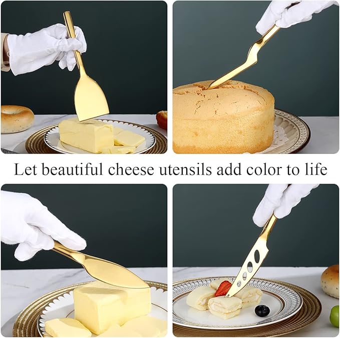 Berglander Gold Cheese Knife Set of 5 for All Types of Cheese, Golden Titanium Plating Cheese Cutter Slicer Ergonomic Design for Confortable Grip and Cut, Butter Spreader Knife