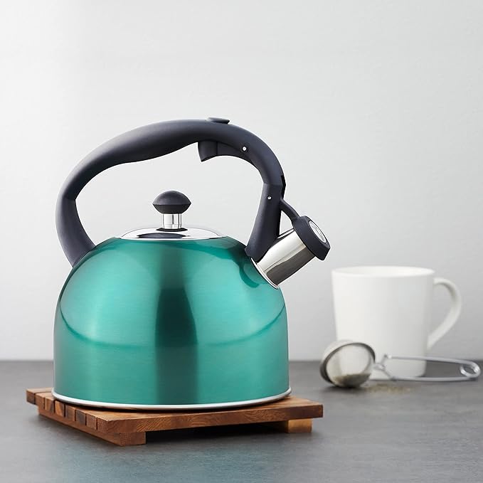 Amazon Basics Stainless Steel Whistling Tea Kettle, Fast Boiling for Tea and Coffee, Food Grade, Ergonomic Handle, 2.3 Liter, Teal