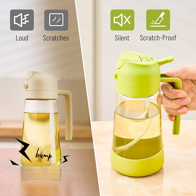 PARACITY Oil Dipenser Bottle with Silicone Bottom, 2 in 1 Olive Oil Sprayer and Dispenser, Oil Spray Bottle 500ML/ 17OZ for Cooking, Kitchen, BBQ, Air Fryer, Salad, Baking(1PC Green)
