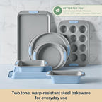 Pyrex (8-Piece) Metal Bakeware Set, Lightweight Stainless Steel Baking Trays with Heatsafe Silicone Handles, Cookie & Muffin Sheets, Round/Square Baking Pans, Cerulean