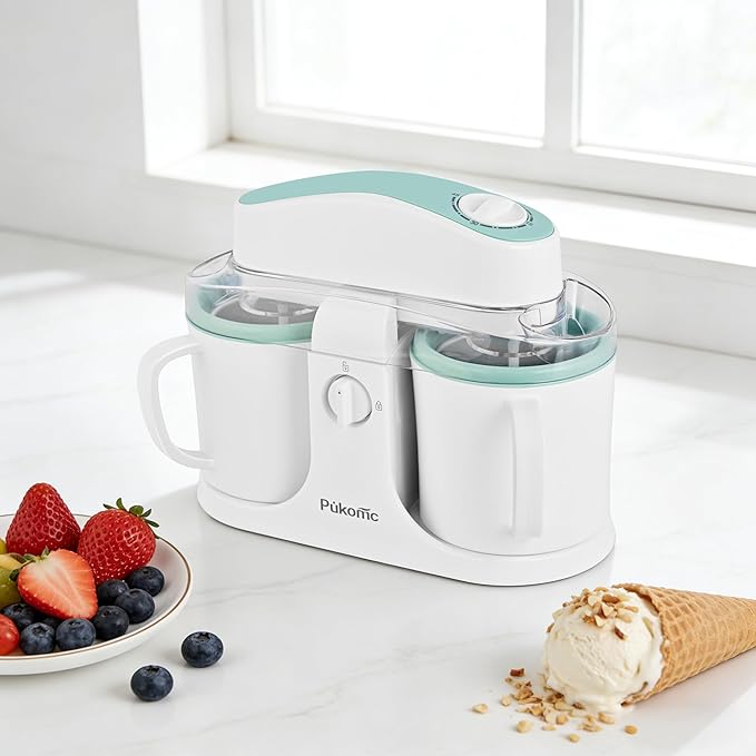 Pukomc Ice Cream Maker Machine for Home Use, with Two Ice Cream Bowls,Simple Operation and Easy to Clean,White Green