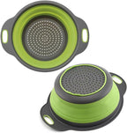 Green Round Silicone Collapsible Colander – Silicone Round Small Kitchen Strainers with Plastic Handles Foldable Kitchen Strainer Perfect for Draining Pasta Vegetable and Fruit