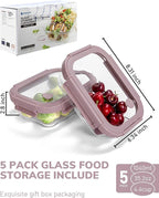 5-Pack Borosilicate Glass Containers with Tempered Lids, 35.2oz/4.4 Cup Airtight Meal Prep Set, Microwave/Freezer Safe (Pink)