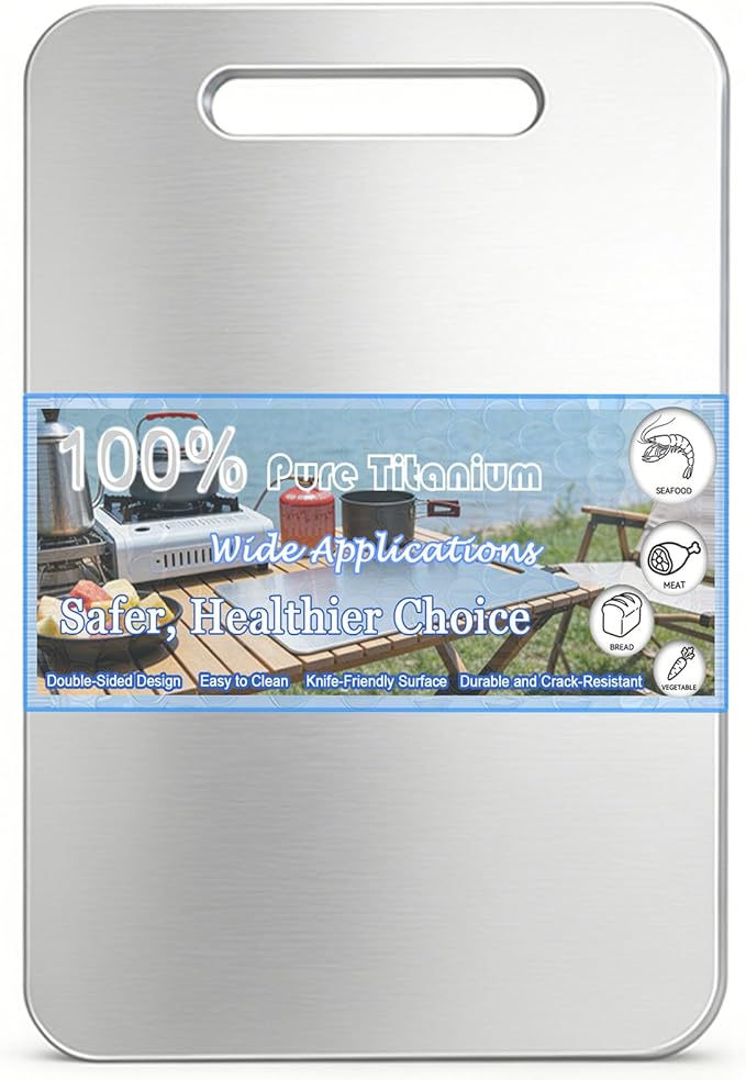 100% Pure Titanium Cutting Board, Double-Sided Titanium Cutting Boards for Kitchen Dishwasher Safe, Camping Metal Charcuterie Chopping Board Mat for Meat, Fruit & Cheese (XL, 13.6”×9.5”)