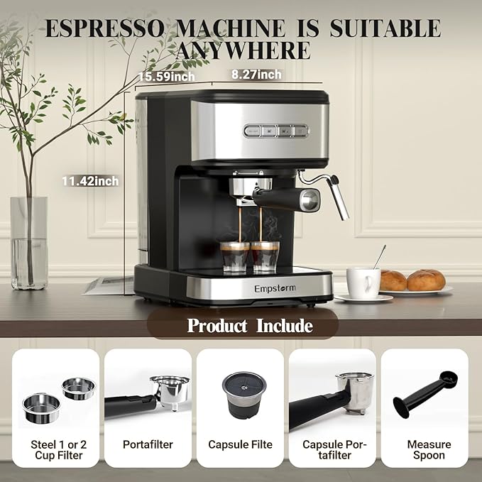 Espresso Machine 20 Bar, 2 in 1 Espresso Maker with Milk Frother Steam Wand for Latte and Cappuccino, Powder and Capsule Portafilter, 50oz Removable Water Tank expresso Coffee Machine for Home-Silver