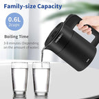 0.6L Small Electric Kettles Stainless Steel, Travel Mini Hot Water Boiler Heater, Double Wall Cool Touch Portable Teapot, Auto Shut-Off & Boil-Dry Protection, 120V/800W, 2 Year Warranty (Black)
