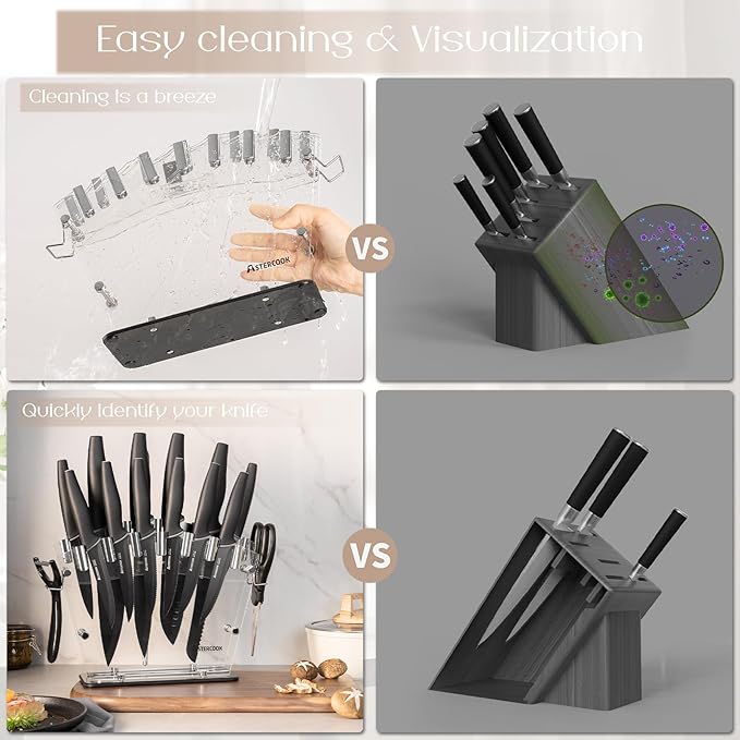 Astercook Knife Set with Block and Sharpener, 22 Piece Kitchen Knife Set Dishwasher Safe, Space-Saving Clear Knife Block with Knives for Everyday Home Cooking Black