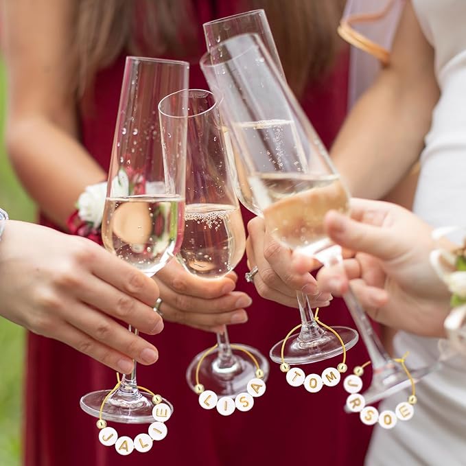 Outus 50 Set DIY Wine Glass Charms 1000 Letters Beads 100 Golden Beads 50 Rings for Stem Glasses 1 Tweezer Custom Personalized Charms Wine Glass Markers for Wedding Party Bridal Shower