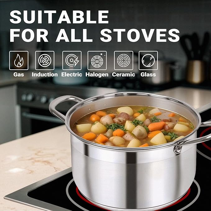 Kirecoo Stainless Steel Stock Pot - 5 Quart Heavy Duty Induction Cooking Pot with Visible Lid for Pasta, Soup, Spaghetti, Nonstick Thick Bottom Big Stockpot, Deep Cookware for Canning, Boiling, Simmer