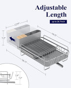 Kitsure Large Dish Drying Rack - Extendable Dish Rack, Multifunctional Dish Rack for Kitchen Counter, Anti-Rust Dish Drainers with Cutlery & Cup Holders 19.2"-26.7" L x 12.9" W, Sliver