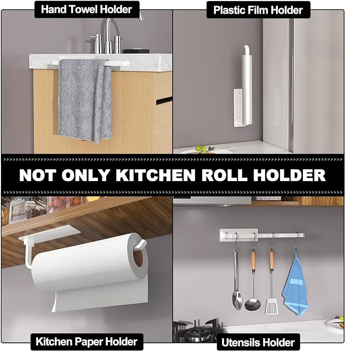 Paper Towel Holder - Self-Adhesive or Drilling, White, Upgraded Aluminum Kitchen Roll Dispenser Under Cabinet, Lighter but Stronger Than Stainless Steel!