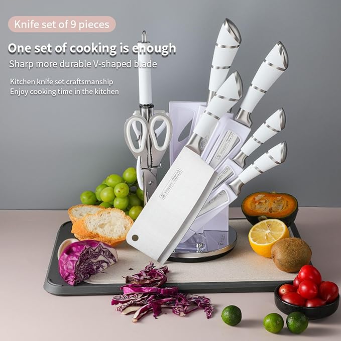 Kitchen Knife Set, 9-Piece White Kitchen Knife Set with Acrylic Block, Non Stick Sharp High Carbon Stainless Steel Knife Set for Kitchen Cutting Meat Slicing Chopping Kitchen Women Gifts