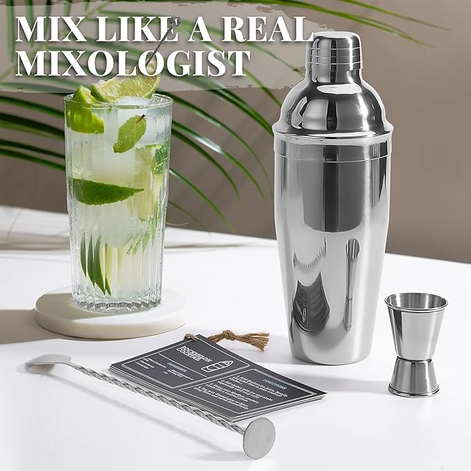 Premium Mixology Cocktail Shaker Set | 4 Piece Bar Tool Set, Silver Bar Set Cocktail Shaker Set for Drink Mixing - Includes Martini Shaker, Jigger, Bar Mixer Spoon + Free Cocktail Recipes | Gift Idea
