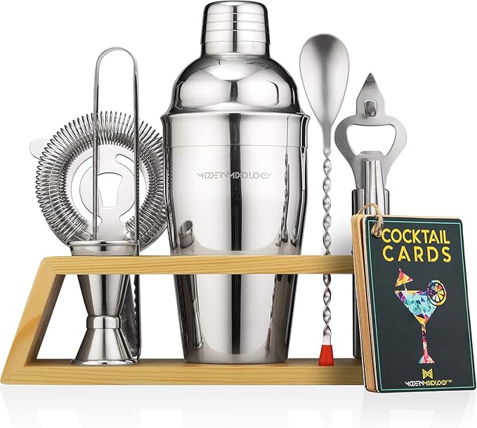 Cocktail Shaker Set Bartender Kit with Bamboo Stand – Professional Martini Shaker, Premium Stainless Steel Shaker Bottle, Complete Bar Accessories Gift Set and Mixology Kit for Home Bar & Drink Mixing