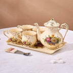 YOLIFE Ceramic Tea Serving Tray, Floral with Gold Leaves Trim Decorative Platter for Tea Party - 13.5 x 7.5 inch
