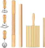 7 pcs Wood Gnocchi Pasta Making Tools Kit with Threaded Pasta Roller Pin Set,Gnocchi Board,Ravioli Stamps and Pasta Cutter.Noodle and Dumplings Maker, For Pasta Maker And Kitchen DIY Gift