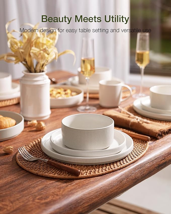 Famiware Star Dinnerware Set with Pasta Bowls, Service for 4 (16pcs), Ribbed Stoneware Plates and Double Bowls Dishes Sets - Chip & Scratch Resistant, Microwave & Dishwasher Safe, Matte White