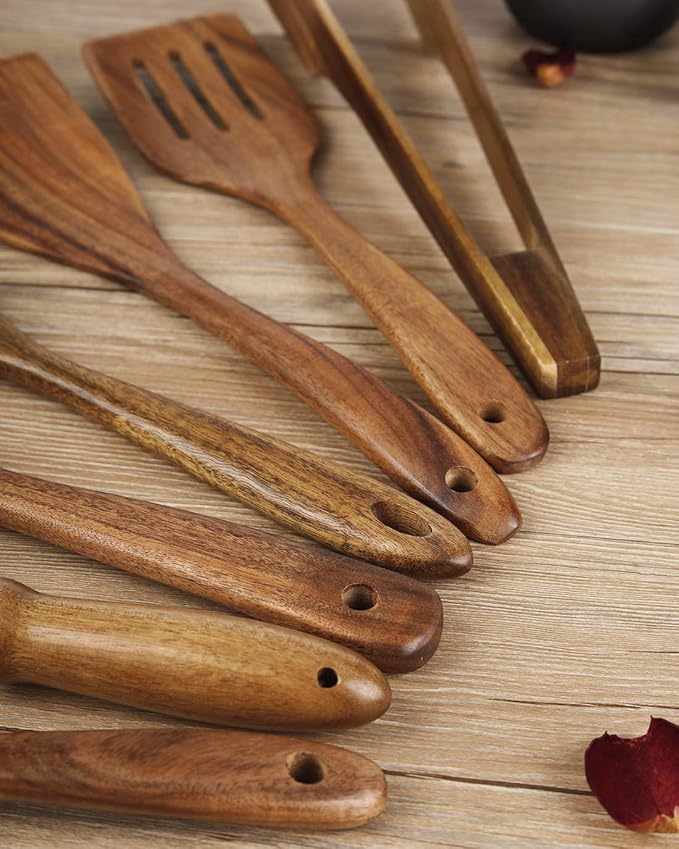 Wooden Utensil for Cooking, Wood Kitchen Utensils Cooking Set Teak Wood Spoons set for Cooking,Spatulas Non-Stick for Cookware Kitchen Spoon (7)