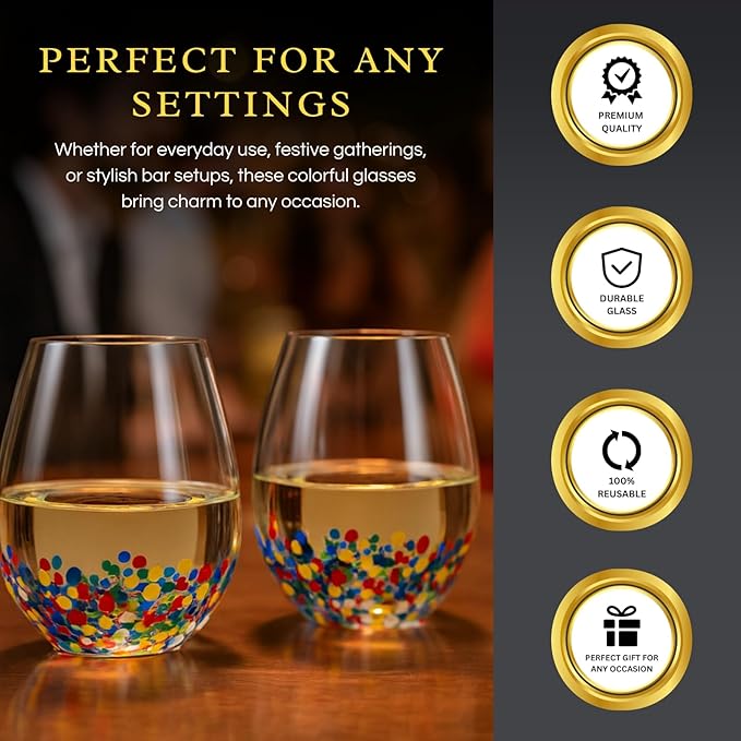 Large Stemless Wine Glasses – Set of 2-14oz Luxury Hand Blown Confetti Margaritas, Martini, Cocktails, Water, Wine, Dessert & Champagne Glasses Cinco de Mayo, Hand Blown - Mexican Confetti Glass