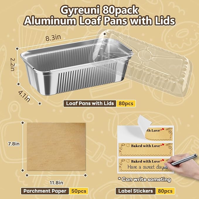 Gyreuni 80 Pack Aluminum Loaf Pans with Lids Stickers and Parchment Paper Sheets,2.4Lb Heavy Duty Aluminum Foil Premium Bread Tins - 8.3" X 4.1" X 2.2" Disposable Baking Pans