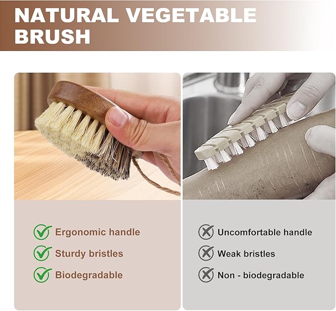 2 Pack Wooden Vegetable Brush for Food - Dual Bristle Potato Brush Scrubber with Hanging Rope | Natural Compostable Kitchen Vegetable Scrubber for Potatoes, Carrots, Fruits