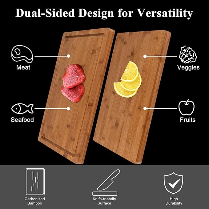 Bamboo Cutting Board, 1" Thick Heavy Duty Wood Chopping Board for Kitchen, Built-in Deep Juice Groove and Handles, Reversible Charcuterie Board for Meat BBQ, Gift for Housewarming, 17x12''