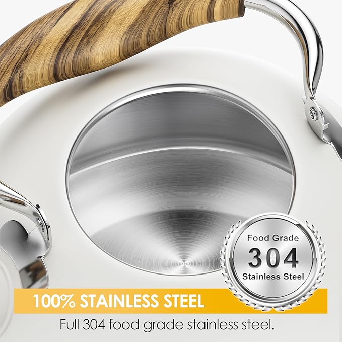 2.6 Quart Tea Kettle Stovetop Whistling for Stove Top, Food Grade Stainless Steel Tea Kettles with Cool Wood Pattern Handle, Cream