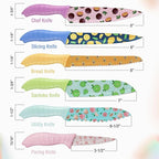 HAUSHOF Kitchen Knife Set, 12-Piece Colorful Knives Set with 6 Sheaths, Non-Stick Coated Stainless Steel Fruit Pattern Blades for Slicing, Dicing&Cutting, Gifts Knife Set for Dad, Mom