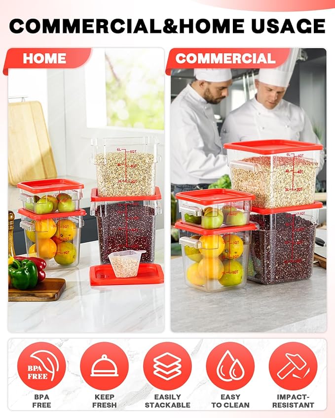 8QT NSF Food Storage Containers: 6PCS[Food Grade][Hot&Cold Resistant] Clear Food Storage Containers with Scales Handles for Home Restaurant Kitchen Storage Pizza Proof Dough, BPA Free (N3)