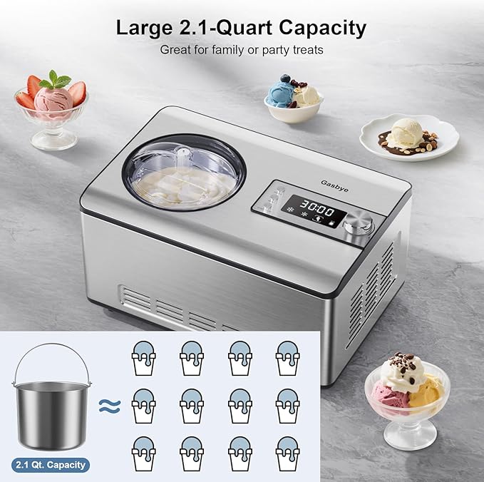 Gasbye Ice Cream Maker with Upgraded Compressor, [40% Faster Freezing], No Pre-Freezing Needed, LED Display, 2.1 Qt Capacity, Easy Operation for Ice Cream & Yogurt, Stainless Steel