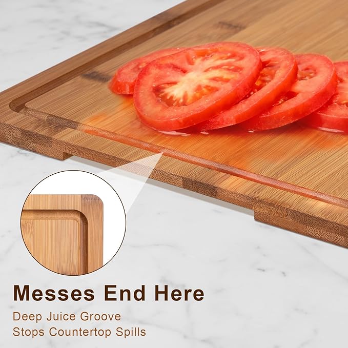 Cutting Board Set with Holder, Space Saving Kitchen Bamboo Chopping Boards, Build in Juice Groove and Grip Handle, Durable Wooden Serving Board for Meal Prep & Charcuterie, Gift Idea