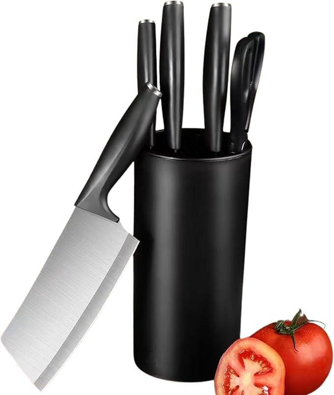 Small Knife Block Set, Modern Kitchen Knife Scissors with Universal Round Holder, Home Apartment New Kitchen Essentials, Space Saving, Dishwasher Safe(Black, 5PCS)