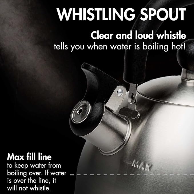 Primula Stewart Whistling Stovetop Tea Kettle Food Grade Stainless Steel, Hot Water Fast to Boil, Cool Touch Folding, 1.5-Quart, Brushed with Black Handle (Pack of 4)