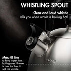 Primula Stewart Whistling Stovetop Tea Kettle Food Grade Stainless Steel, Hot Water Fast to Boil, Cool Touch Folding, 1.5-Quart, Brushed with Black Handle (Pack of 4)