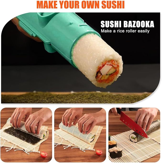 SmileTools Sushi Making Kit, Sushi Roller, Sushi Bazooka, Sushi Maker, Bamboo Sushi Rolling Mat For Beginners (Green)