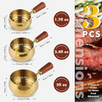 3 Pieces Stainless Steel Mini Sauce Pan with Wooden Handle & Spout, 1.7/3.4/5.1 Oz Gold Small Butter Warmer Saucepan, Reusable Sauce Pot Dipping Bowl (Gold)