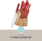 MARTHA STEWART Eastwalk 14 Piece High Carbon Staineless Steel Cutlery Knife Block Set w/ABS Triple Riveted Forged Handle Acacia Wood Block - Red